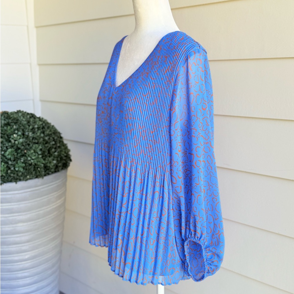 Nine West Pleated Blue 3/4 Sleeve Blouse Size Large - Picture 3 of 9